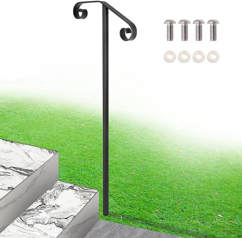 Single Step Handrail, 1 or 2 Steps Single Post Handrail in Ground, Black Rust-Proof Wrought Iron Stair Railing for Seniors, Porch, Deck