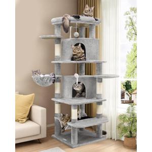 Globlazer Corner Cat Tree for Large Cats, 66inch Tall Curved Series Large Cat Tower for Multiple Indoor Cats with 6 Scratching Posts, 2 Spacious Cat Condos, Hammock, Hanging Basket, C66, Light Grey