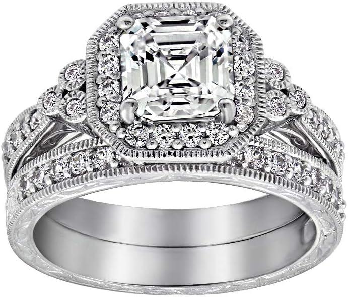 Amazon Essentials Platinum or Gold Plated Sterling Silver Antique Ring set with Asscher-Cut Infinite Elements Cubic Zirconia, Size 8