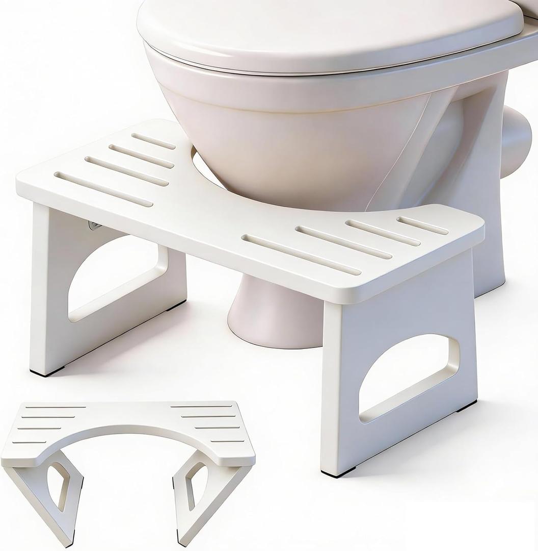 JACNITAD Foldable Toilet Stool, 7 Inch Poop Stool for Bathroom, Bamboo Toilet Stool Squat Adult, Collapsible Squatting Potty Stool with Non-Slip Strip - Improve Squatting Posture and Comfort, White