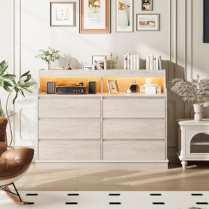 IDEALHOUSE 6 Drawer Dresser for Bedroom with LED Lights and Charging Station, Wooden Chest of Drawers with Spacious Top for Closet, Hallway, Living Room,Storage Furniture, Vintage Cracked Oak