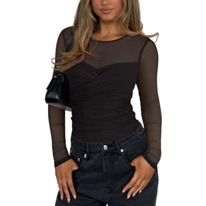 REORIA Women's Sexy Round Neck Long Sleeve Trendy Front Twist Knot Sheer Mesh Ruched Going Out Bodysuits Tops (Medium, Black)