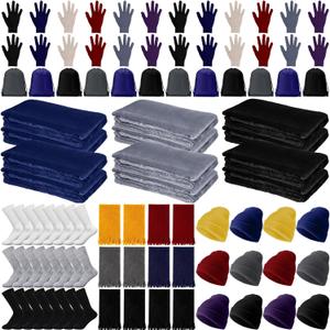 Suhine Homeless Care Package Supplies Bulk Blankets Winter Gloves Beanies Scarves Socks Drawstring Bags for Unisex (Basic Color)
