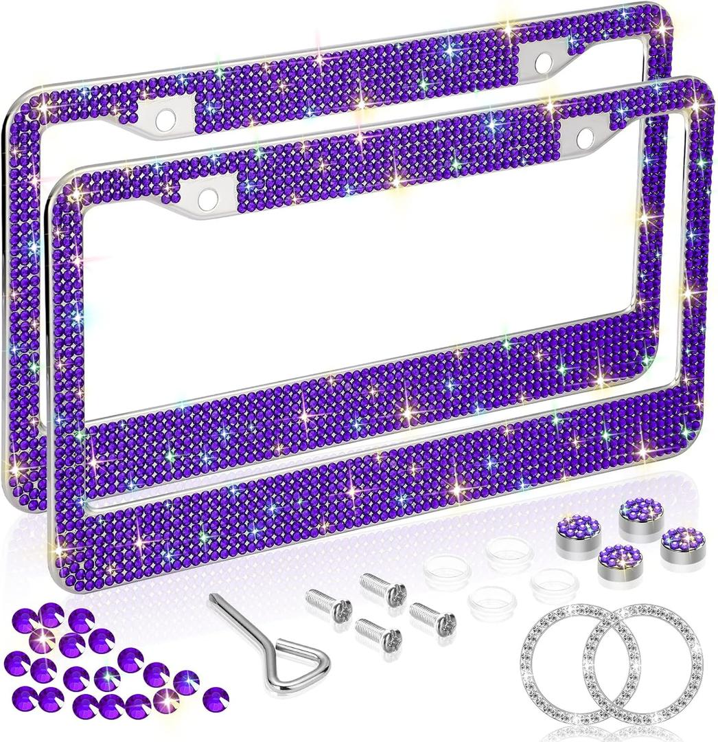 Bling License Plate Frames for Women 2 Pack, Rhinestone Crystal License Plate Cover with Bolts Washer Caps Universal Bling Car Accessories for Girls (Purple)