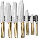 Kitchen Knife Set 14 Pcs with Magnet Holder, Strong Magnetic Knife Strip for Wall, Knives Block Set with Sheath, Chef Knives and Santoku Knives, Stainless Steel Blade, Dishwasher Safe -Gold