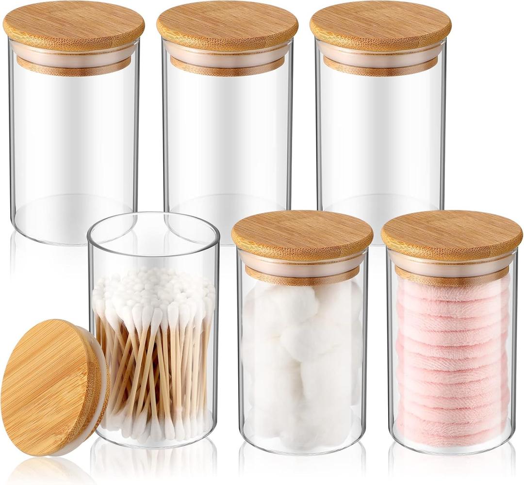 3 Pack Glass Apothecary Jars with Lids Bamboo Bathroom Accessories Cotton Balls Pads Swabs Holder Jar Bathroom Canisters for Vanity Accessories Storage