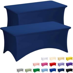 Fixwal Navy Blue Stretch Table Cloth Rectangle 2 Pack 6Ft, Spandex Fitted Table Covers Washable for Party, Trade Show, Banquet, Wedding, Buffet