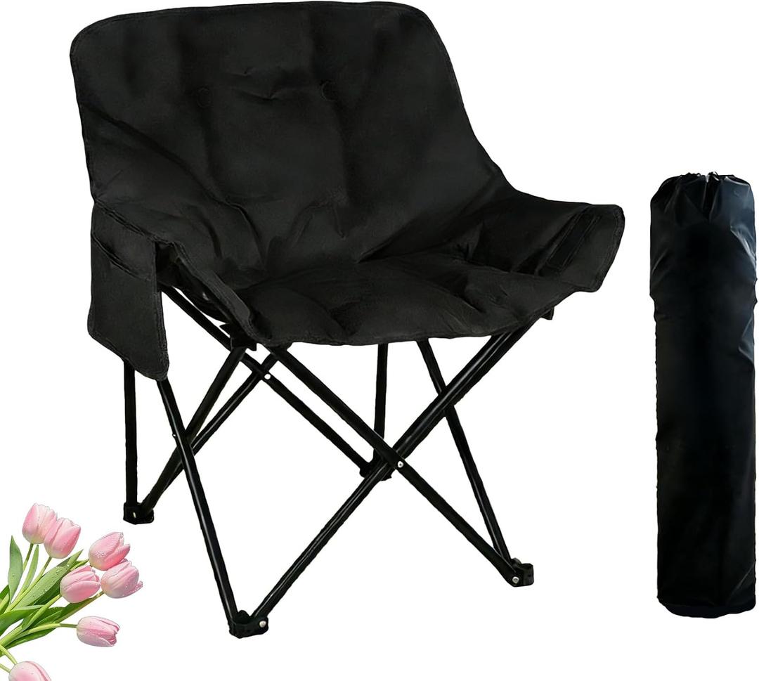 Outdoor 3-Layer Padded Moon Chair, Thick Cotton Cushion, 600D Oxford Fabric, Portable Folding Camping Chair with Side Pocket, Supports up to 300 lbs, 26" x 15" x 15" (Black/Compact), 26in x 15in x 15in
