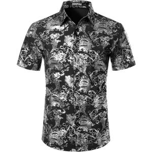 ZEROYAA Men's Luxury Paisley Shiny Stylish Slim Fit Short Sleeve Button Up Dress Shirt ZLCL23 Black Silver X-Large