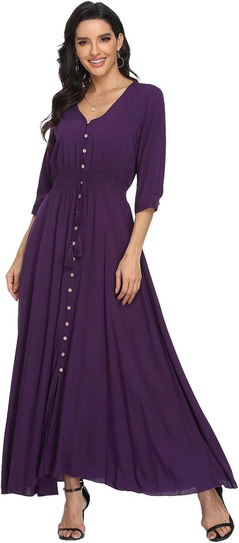 Summer Floral Print Maxi Dress Women Button Up Split Long Flowy Bohemian Beach Party Dresses Dark Purple, Medium