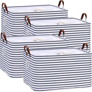 Hinwo 70L Extra Large Storage Bins, 4-Pack Closet Organizers and Storage, Foldable Clothes Storage Baskets with Handles, Containers for Clothing, Blanket, Comforters, Toys, Bedding (Navy Stripe)
