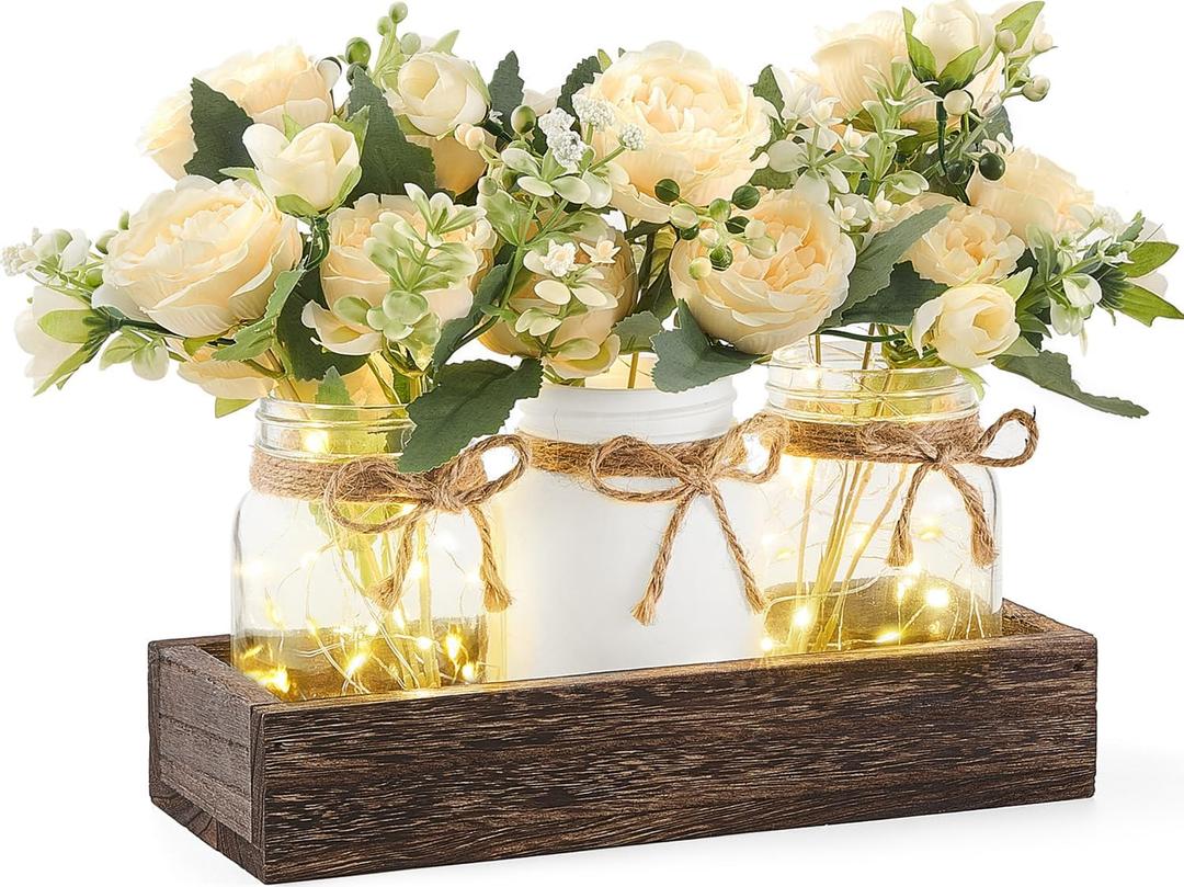 Mkono Mason Jar Lights Centerpiece Table Decor for Dining Room Farmhouse Wood Tray with 3 Jars Flowers Valentines Day Decoration for Coffee Table Kitchen Living Room Wedding (small, White)