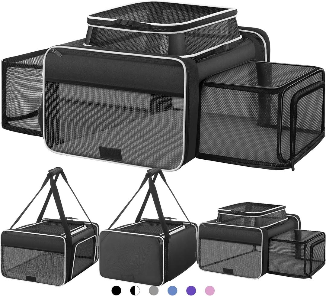 Top and 2 Sides Expandable Cat Carrier 18x13.5x9.5, TSA Airline Approved Dog Carriers for Small Dogs, Soft-Sided Pet Carrier with Self-Locking Zippers for Kitten,Rabbit,Puppy, Black White