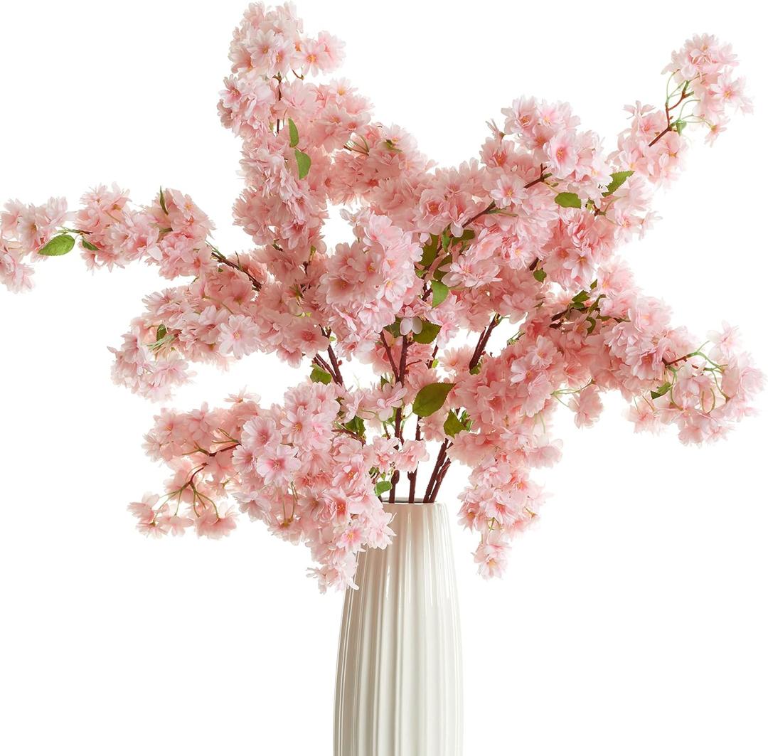 PARTY JOY 6PCS Cherry Blossom Branches, Artificial Fake Flowers Stems Silk Tall Flower Arrangement Cherry Blossom Decor for Home Wedding Centerpieces Decoration(Pink)