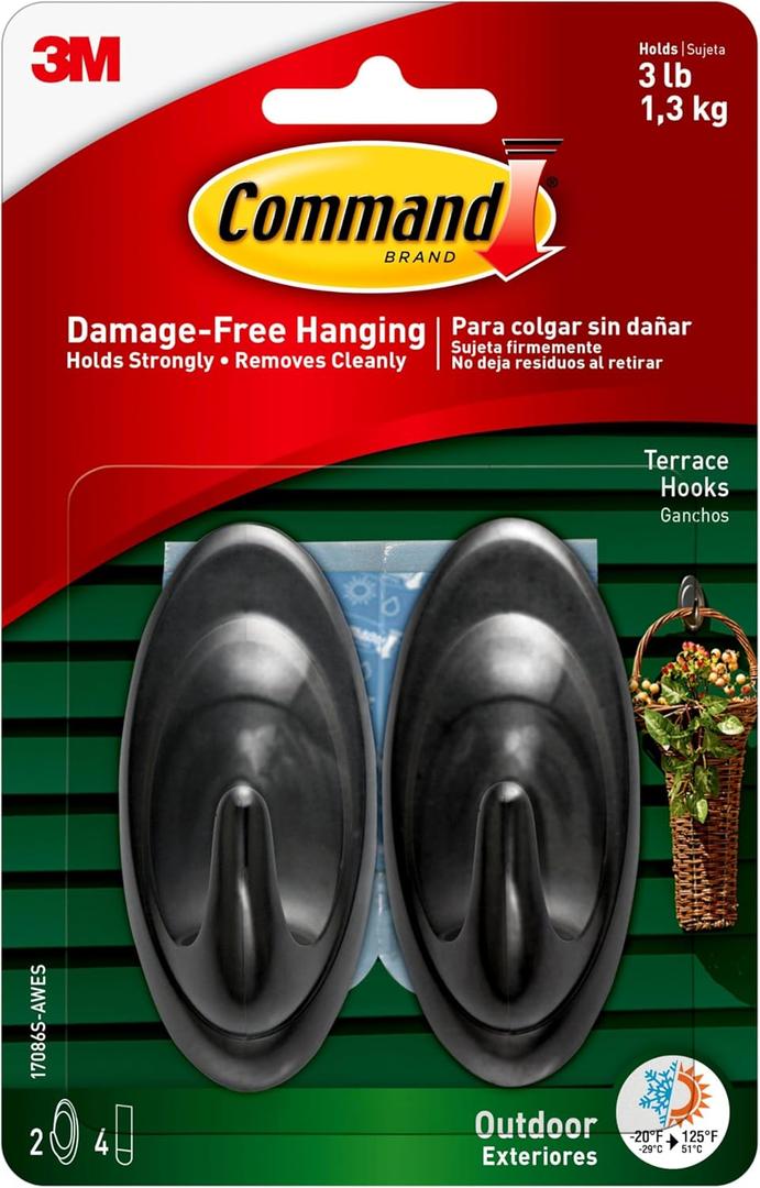 Command Outdoor Terrace Hooks, 2 Hooks and 4 Command Strips, Damage Free Hanging Wall Hooks for Hanging Outdoor Wall Decor with Weather Resistant Strips, Holds up to 3 lb