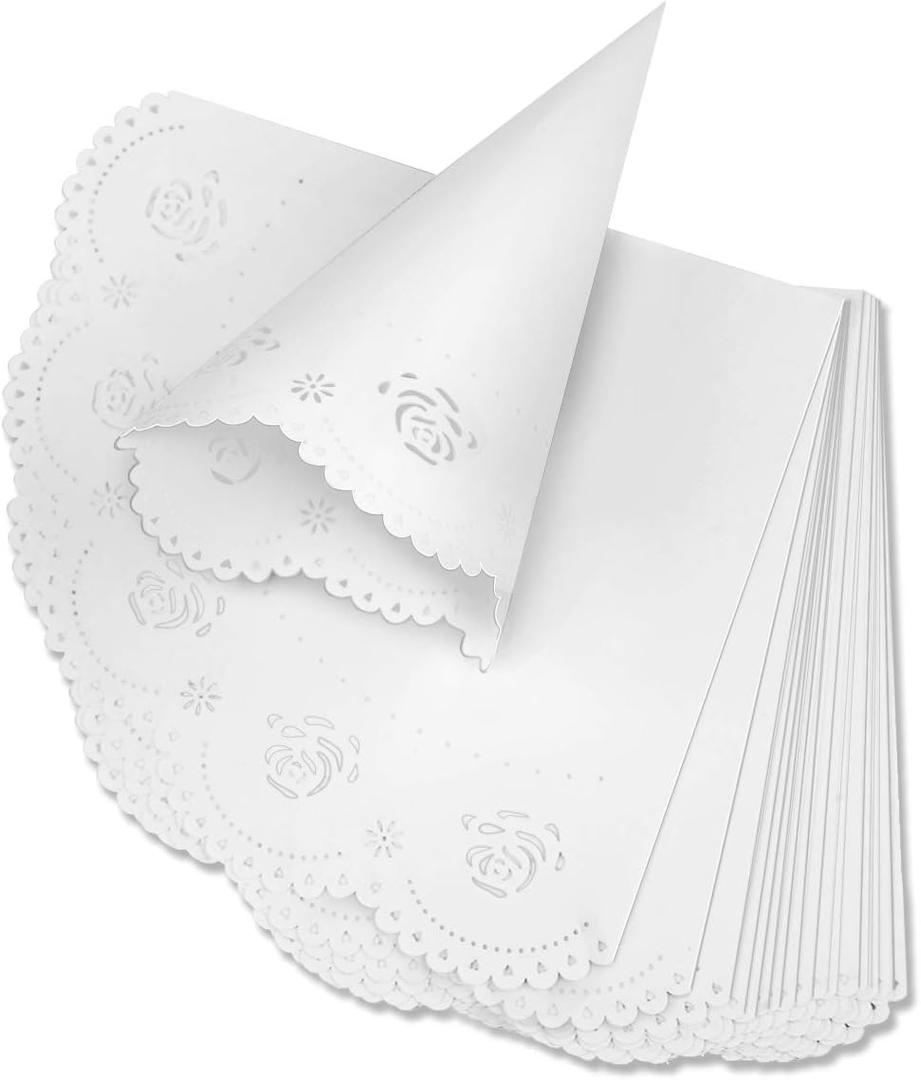 Teemico 50 Pcs Wedding Confetti Cones White Paper Tapers Hollow Print Cone for Party Petal Small Bouquet White Paper Cones for Candy Buffet