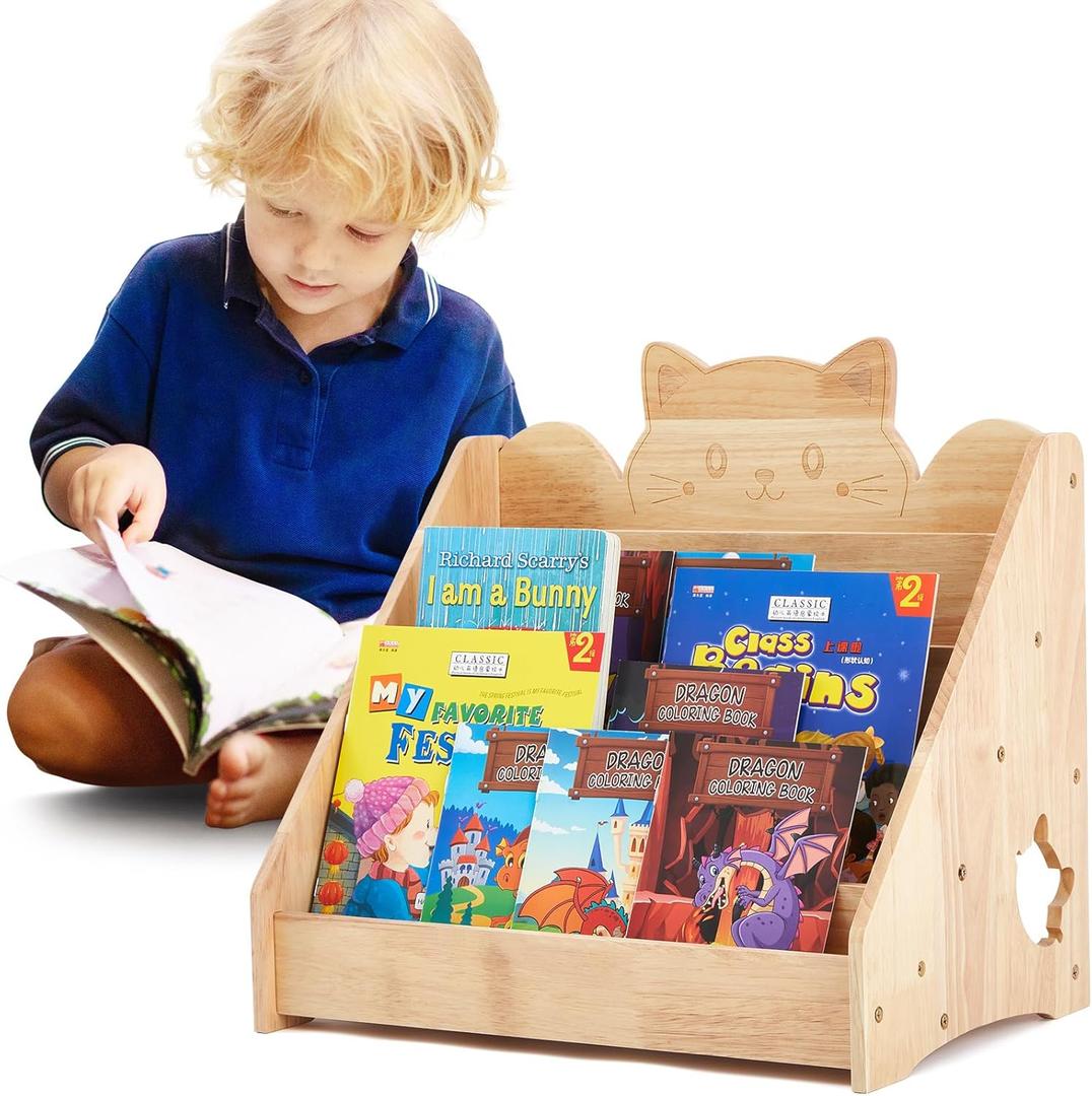 Juexica Kids Bookshelf 5 Tier Toddler Bookshelf Book Display Shelf Organizer Wood Bookcase with Chalkboard and Storage Kids Magazine Rack for Classroom Bedroom Nursery Furniture (Cat)
