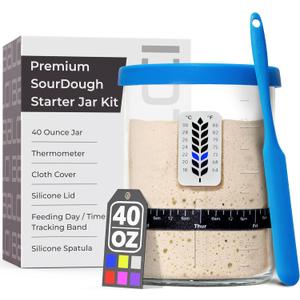 Premium Sourdough Starter Jar - 40oz Large Sourdough Jar with Marked Feeding Band, Thermometer, Scraper, Cloth Cover and Silicone Lid/Base, Wide Mouth Starter Kit - Blue
