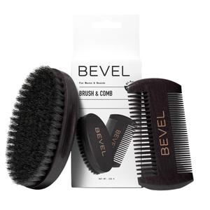 Bevel Beard Brush and Comb Set for Men  Natural Boar Bristle Brush & Pearwood Comb with Travel Pouch  Beard Grooming Kit for Shaping, Soften & Detangling Mustaches