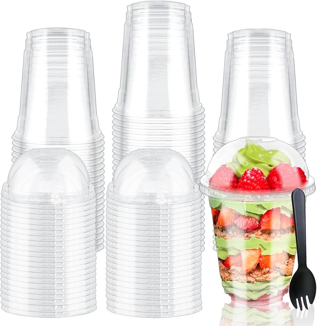Szsrcywd 100pcs 12 Oz Plastic Cups with Dome Lids and Sporks,Clear Disposable Dessert Containers for Ice Cream,Fruit,Parfait,Pudding,Yogurt,Jelly,Hole in the Lid,50 Set