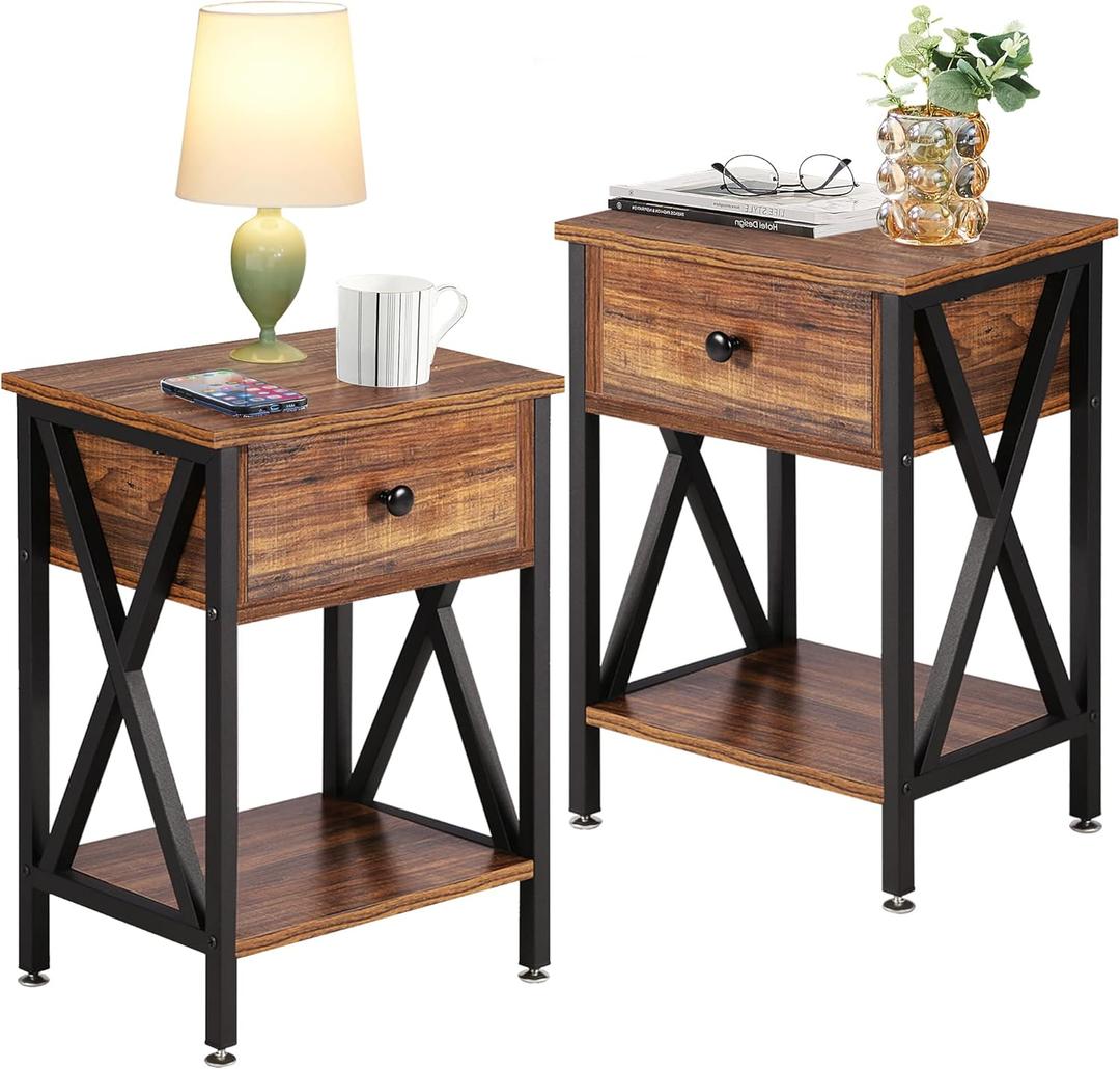 VECELO Modern Nightstands X-Design Side End Table Night Stand Storage Shelf with Bin Drawer for Living Room,Bedroom,Lounge,Set of 2, Rustic Brown A2