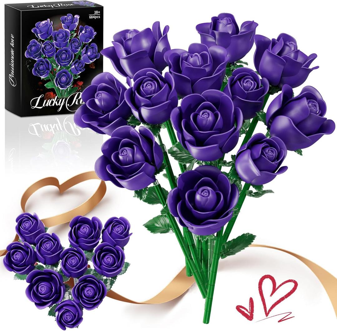 12 Purple Rose Bouquet Building Set for Adults Women Wife, Artificial Flowers - Building Blocks, Botanical Collection Gift for Valentine's Day & Mother's Day Home Decoration
