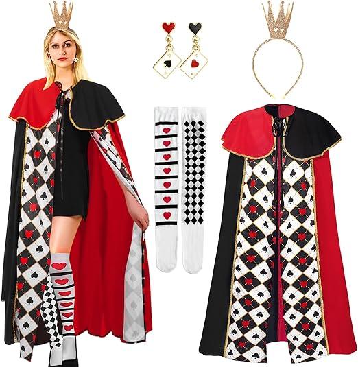 Mprocen 4PCS Red Queen Cape for Women Queen Robe Custome Kit Earringss Sock Crown for Halloween Party Cosplay Dress Up