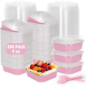200 Pack 8 oz Pink Square Mini Cake Pans with Lids, Aluminum Foil Square Brownie Baking Cups for Ramekins Muffin Cupcake Wedding Birthday Party