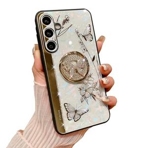 for Samsung Galaxy S23 FE Bling Case Luxury for Women Girls Teens Design Cute Glitter Diamond Rhinestone 3D Butterfly Marble Mirror Fancy Holder Kickstand Phone Cover,GOLD