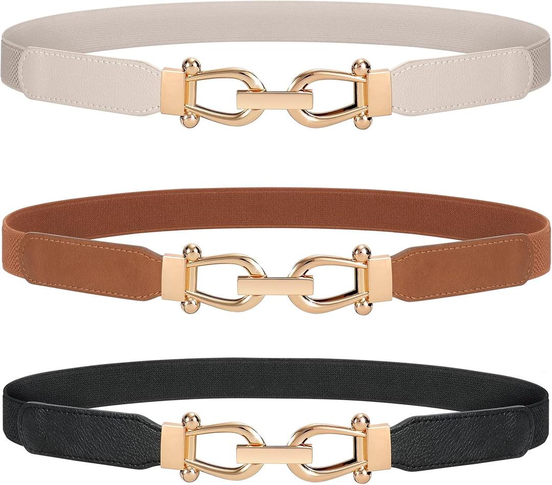 JASGOOD Women Stretchy Waist Belt Retro Elastic Skinny Belt for Ladies with Gold Buckle (M Belt Length 31in,Up to 35in, E-black+brown+beige)