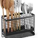 Utensil Holder, Upgrade Stainless Steel Utensil Drying Rack with Automatic Drain Tray for Kitchen Counter, Silverware Cutlery Organizer for Spoons, Forks, Knifes, Chopsticks (Black)