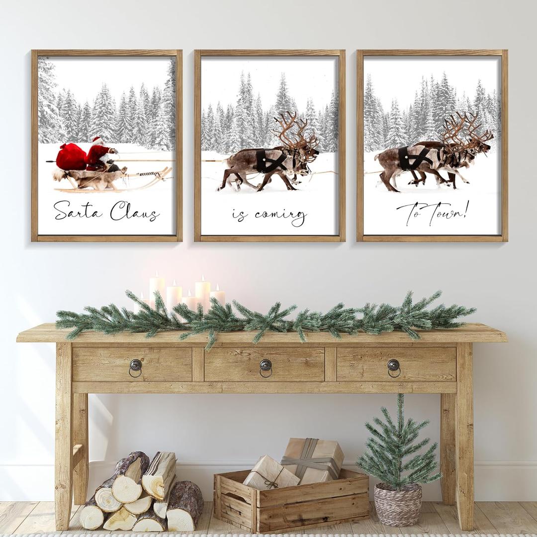 Set of 3 Framed Christmas Wall Art Farmhouse Santa Claus Is Coming To Town Wall Decor Vintage Holiday Home Decor (Brown, 16x24)