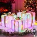 Set of 3 Christmas Decorations Lighted Gift Boxes with Bows12" 10" 8" with 60 Pre-Lit Mini String LightsFoldable LED Xmas Present Boxes for Tree Indoor Outdoor Holiday Party Yard Home Decor
