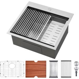 SHACO 21 Inch Drop In Kitchen Sink, 21 x 20 Inch Top Mount 16 Gauge Stainless Steel Single Bowl Workstation RV Small Kitchen Outdoor Laundry Wet Prep Sink with Accessories (Brushed Nickel)