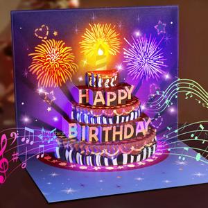 INPHER UPGRADED Birthday Cards Fireworks Pop Up Cake Light and Music Happy Birthday Gifts Decorations for Women, Men, Mom, Grandma
