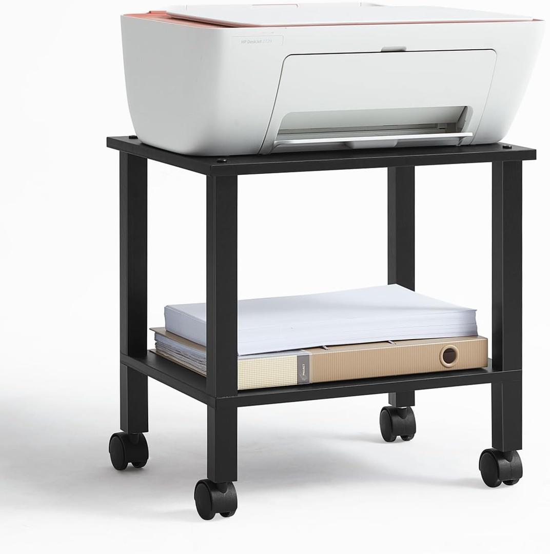 2 Tier Printer Stand with Storage,Under Desk Shelf Printer Table, Rolling Printer Cart for Office,Home,Black