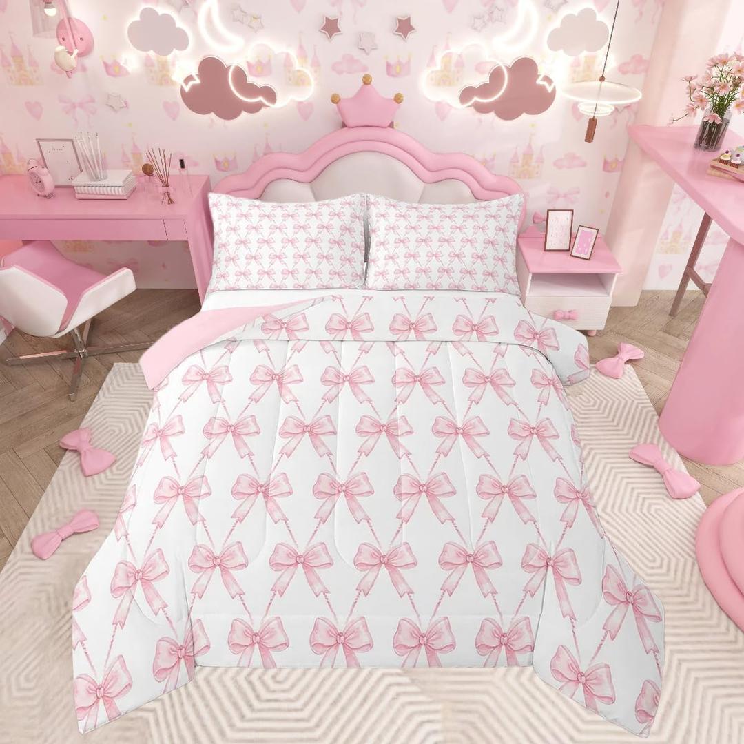Feelyou Bow Bedding Set Boys Girls Full Size Pink Girls Bow Comforter Set for Kids Women Men Ultra Soft Cute Bowknot Duvet Quilt Kawaii Room Decor