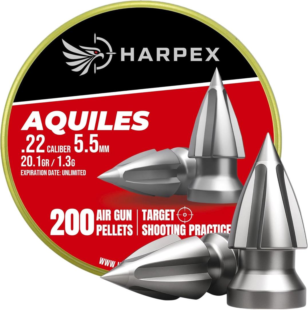 Harpex Aquiles .22 Cal Airgun Pellets  20.1 Grains Pointed Arrowhead Design  12.2 mm / .48 in Length  Clean Target Entry & Precision Performance