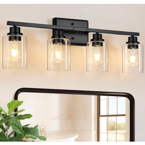 Unicozin Modern Bathroom Light Fixtures, 4 Light Vanity Lights Over Mirror, Black Wall Lamp with Clear Glass for Living Room Cabinet Bedroom Porch