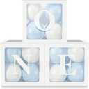 Baby Boy First Birthday Party Decorations 'ONE' Letters Individual Three White Transparent Square Boxes with 24 Balloons Decor for 1 Year Old Baby Birthday Party Decor Backdrop Favors