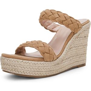 Coutgo Womens Wedge Platform Sandals Espadrilles Two Strap Woven Slip On Summer Cute Slide Sandals (8.5, Khaki)