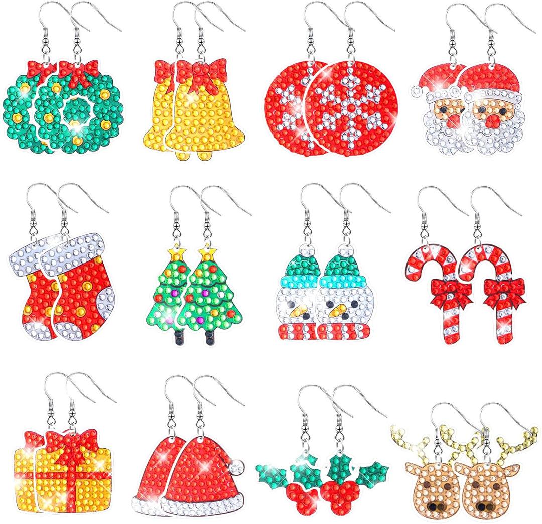 Remuuly 12 Pairs Christmas Diamond Art Earrings Making Kit 5d DIY Dangle Drop Diamond Art Painting Earrings Ornament Christmas Tree Santa Snowflake Snowman Jewelry Making for Adults Women Tool Kit