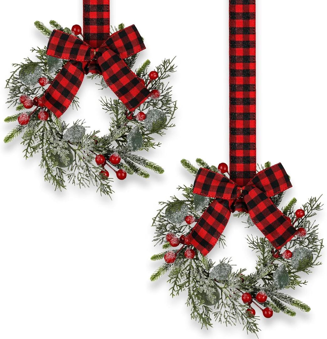 Syhood 2 Pieces 9" Mini Christmas Wreath Mini Cabinet Wreaths for Kitchen Christmas Red Berry with Red and Black Plaid Bow Farmhouse Wreath for Holiday Xmas Party Decorations(Buffalo Plaid Bow)