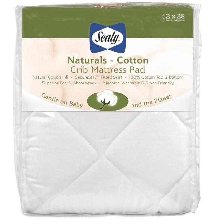 Sealy Baby Naturals Cotton Fitted Ultra Absorbent Infant Crib Mattress Protector Pad and Toddler Bed Cover, Durable and Comfortable Topper, Machine Washable and Dryer Friendly, 52 x 28- White