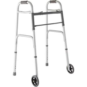 Medline Lightweight Two Button Folding Walker with 5" Wheels, Aluminum Frame Supports up to 300 lbs (1 Count (Pack of 1), Metallic)