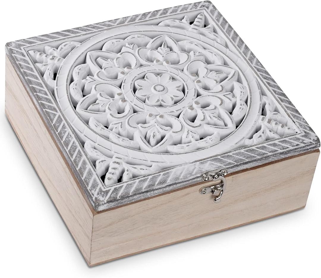 handrong Tea Box for Tea Bag Organizer Tea Bag Holder Tea Box Wooden Rustic Tea Chest with Unique Floral Pattern 9 Compartments for Gift Home Tea House