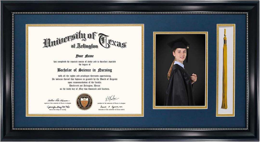 GraduationMall 11x22 Black Diploma Frame with Tassel Holder and Picture for 8.5x11 Certificate 5x7 Photo,Real Glass,Navy over Gold Mat