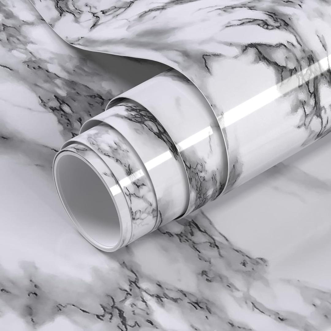 Glossy Black and White Marble Contact Paper 35 x 196 Inches Peel and Stick Wallpaper Vinyl Film Self Adhesive Removable Waterproof Wall Paper for Cabinet Countertop Kitchen Bathroom