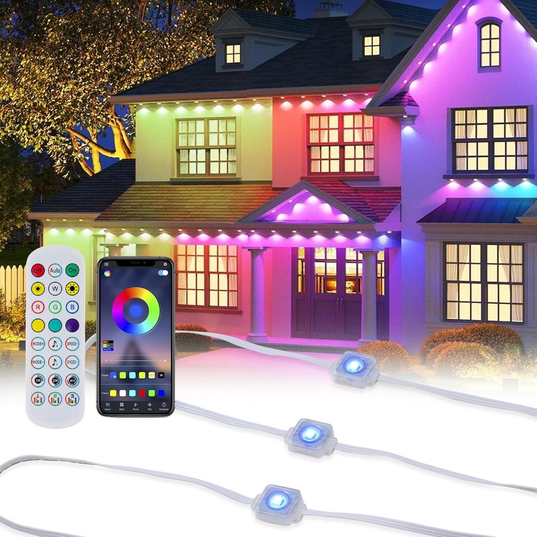 Permanent Outdoor Lights for House 50ft Waterproof RGB Eave Light IP67 String Lights with 30 LED App Remote RGB Under Eave Lighting for Garden Party Holiday Christmas Deco