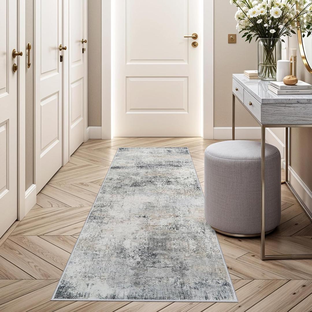 HILORUUG 2x6 Runner Rug Washable: Non-Slip Abstract Carpet for Hallway Kitchen Entryway - Modern Low Pile Stain Resistant Thin Floor Door Mat for Bathroom Bedroom - 2x6 Blue Grey